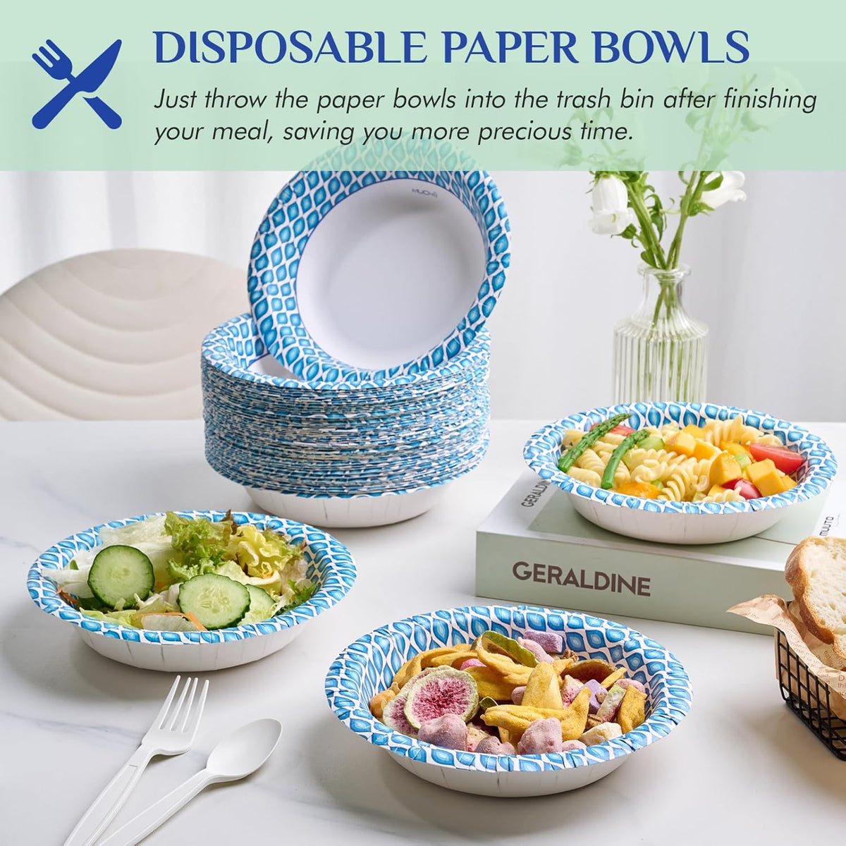 MUCHII 20 Oz Paper Bowls 180 Count Disposable Bowls, Printed Soak Proof Large Bowls for Breakfast, Lunch, and Dinner Meals