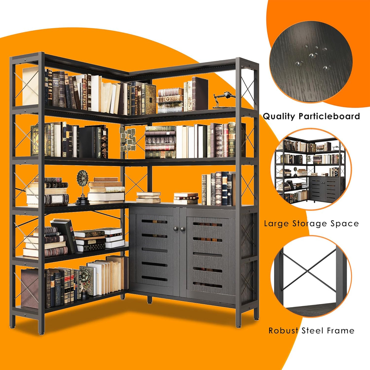 6-Shelf Corner Bookshelf, Vintage Industrial Corner Shelf Etagere Bookcase, Large Book Shelf with Metal Frame Open Storage Corner Cabinet (Black-Lockers, Large)