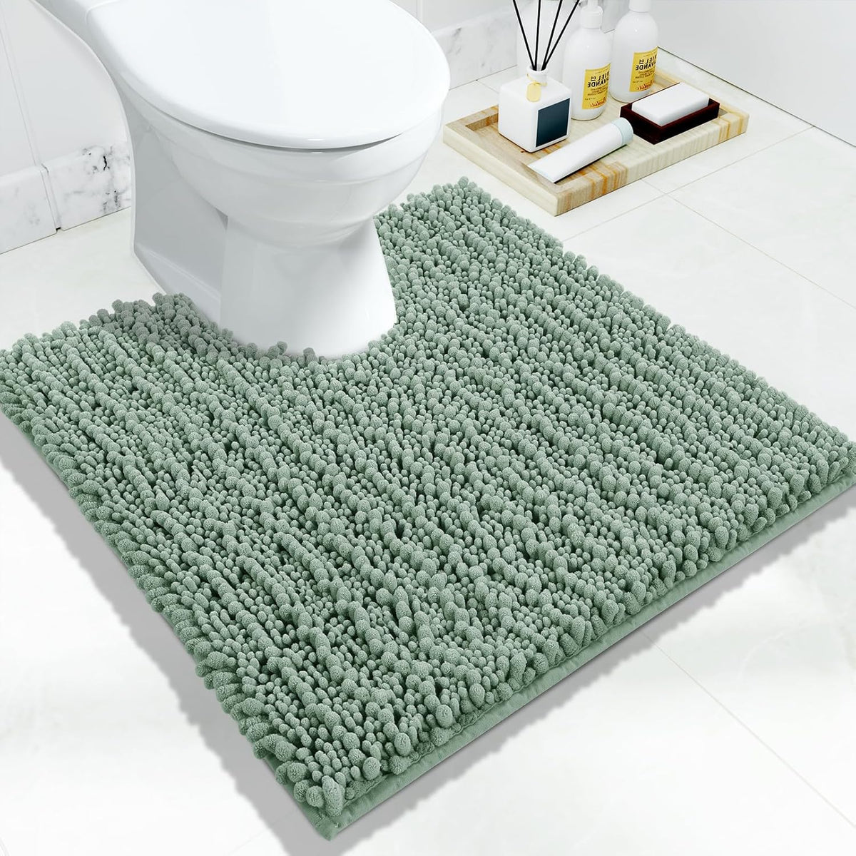 Yimobra Toilet Rug U Shaped Washable 24x20 Inch - Ultra Soft Absorbent Chenille Bath Rugs for Toilet, Quick Dry & Machine Washable, Non Slip Contour Bathroom Mat, Green