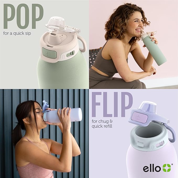 Ello Pop & Fill 40oz Stainless Steel Water Bottle with Quick Fill Technology, Double Walled and Vacuum Insulated Metal, Leak Proof Locking Lid, Sip and Chug, Reusable, BPA Free, Tonal Black