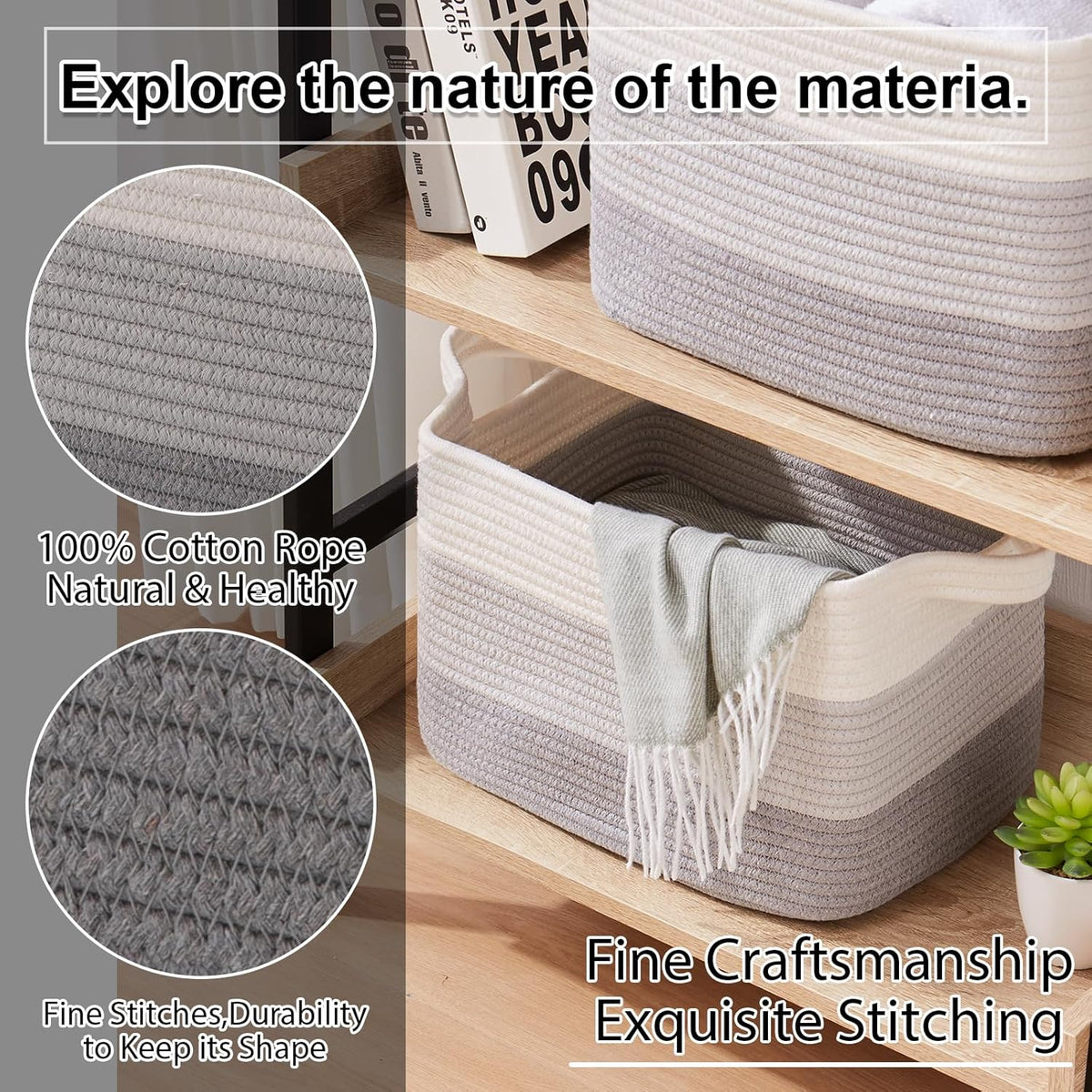 OIAHOMY Storage Basket, Woven Baskets for Storage, Cotton Rope Basket for toys,Towel Baskets for Bathroom - Pack of 3, Gradient Gray