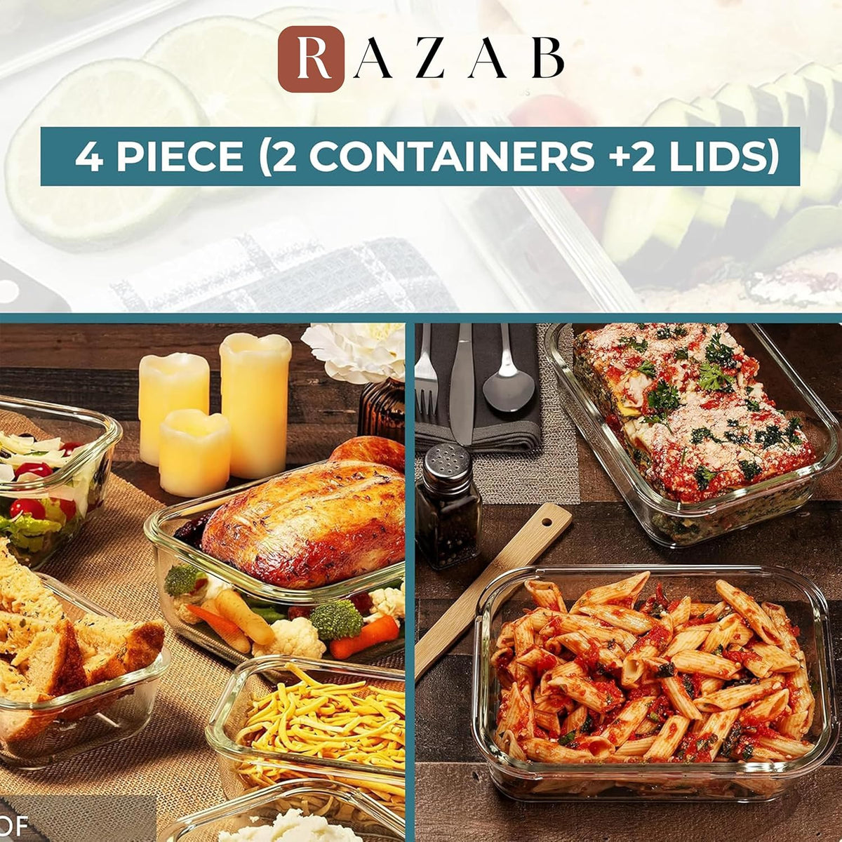 Razab 6.5 Cups / 52 Oz 4 Piece (2 Containers + 2 Lids) Glass Food Storage Containers Set with Airtight Locking Lids - For Storing, Baking & Serving BPA Free, Leakproof - Microwave, Freezer & Oven Safe