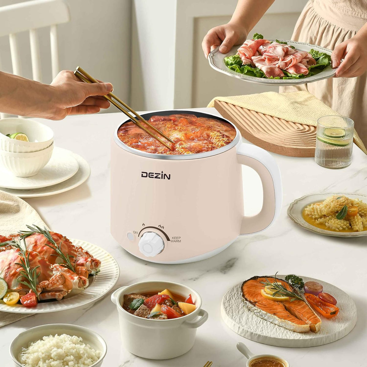 Dezin Electric Pot, 1.6L Ramen Cooker, Hot Pot Electric Stainless Steel, Multifunctional Cooker for Egg, Pasta, Soup, Porridge, Oatmeal with Temperature Control and Keep Warm Function
