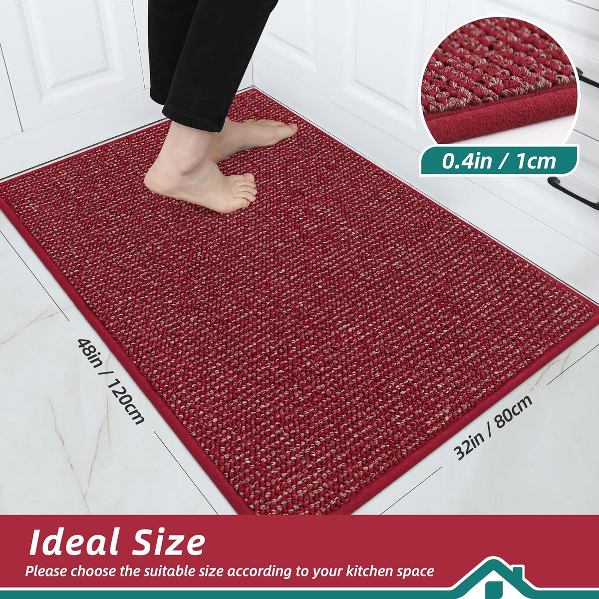 BEQHAUSE Kitchen Rugs 32"x48", Non-Slip Kitchen Mats for Floor, Super Absorbent and Stain Resistant Kitchen Rugs, Machine Washable Rugs for Kitchen, Hallway, Laundry & Sink, Red