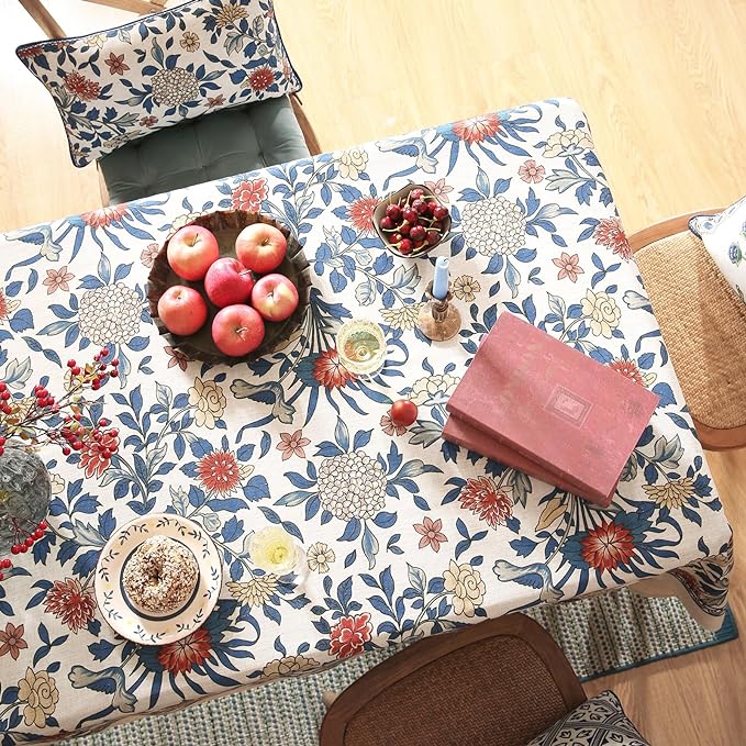 patdrea Designer Blue Small Tablecloth for Rectangle Table,Vintage Linen with Leaves and Floral Pattern Tablecloths,Farmhouse Decor Cover for Kitchen Dining Christmas,Thanksgiving,55"x71"-Ivar a
