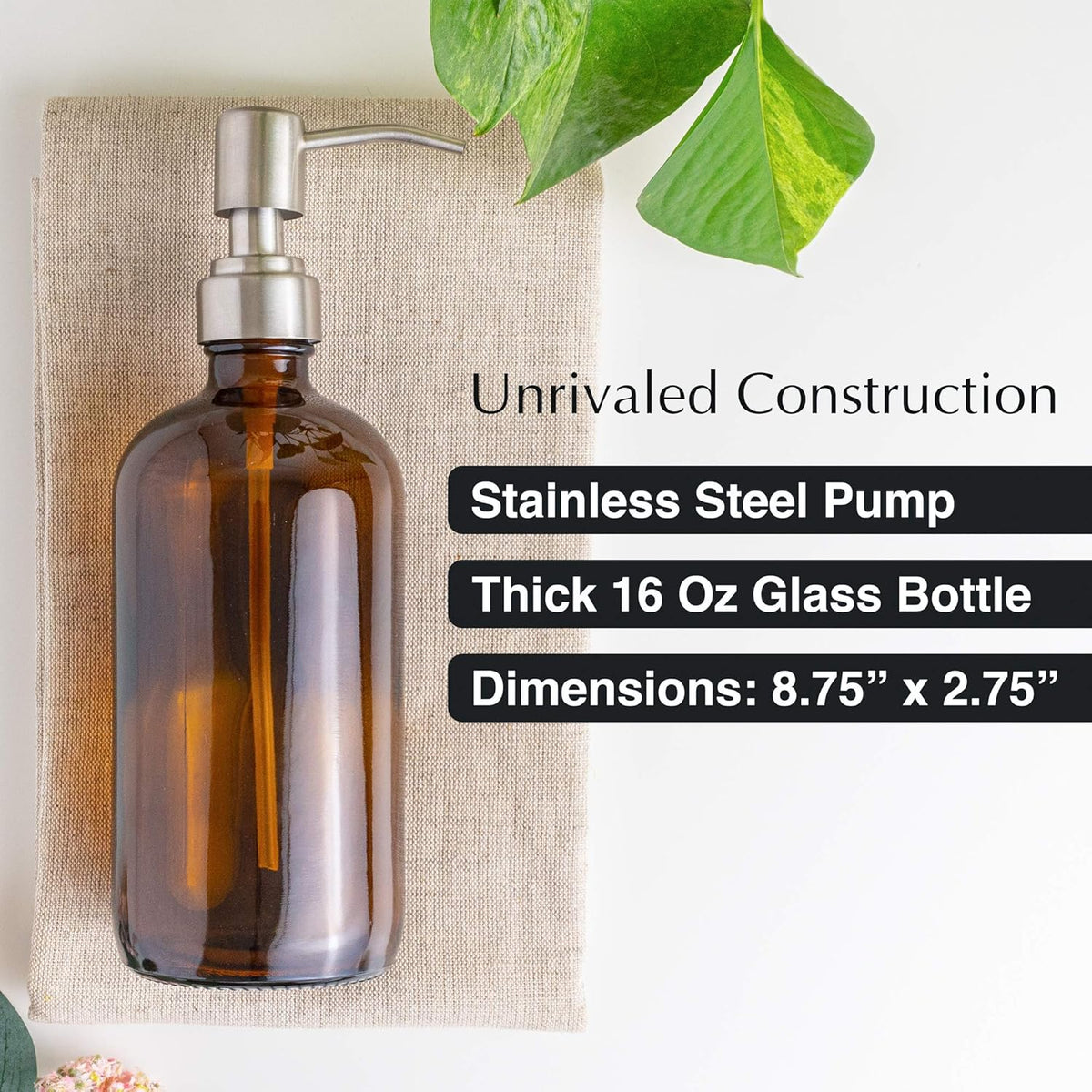 Vine Creations Amber Glass Soap Dispenser, 2 Pack Kitchen Soap Dispenser Set with Stainless Steel Pump, 16 oz Hand Soap or Dish Soap for Bathroom or Kitchen with Waterproof Labels