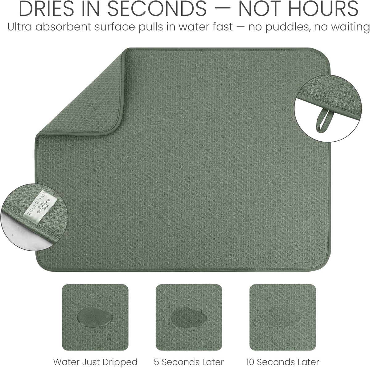 Bellemain XXL Dish Mat Microfiber Dish Drying Mat, Super absorbent (Green, 16" x 18")