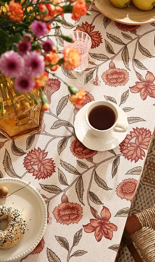 ISAENNE Designer French Small Rectangle Tablecloth,Linen Orange Floral Pattern Indoor Table Cloth,Wrinkle Resistant Decor Table Cloth for Dining Thanksgiving Kitchen Party,55"*71"-Alvarado D