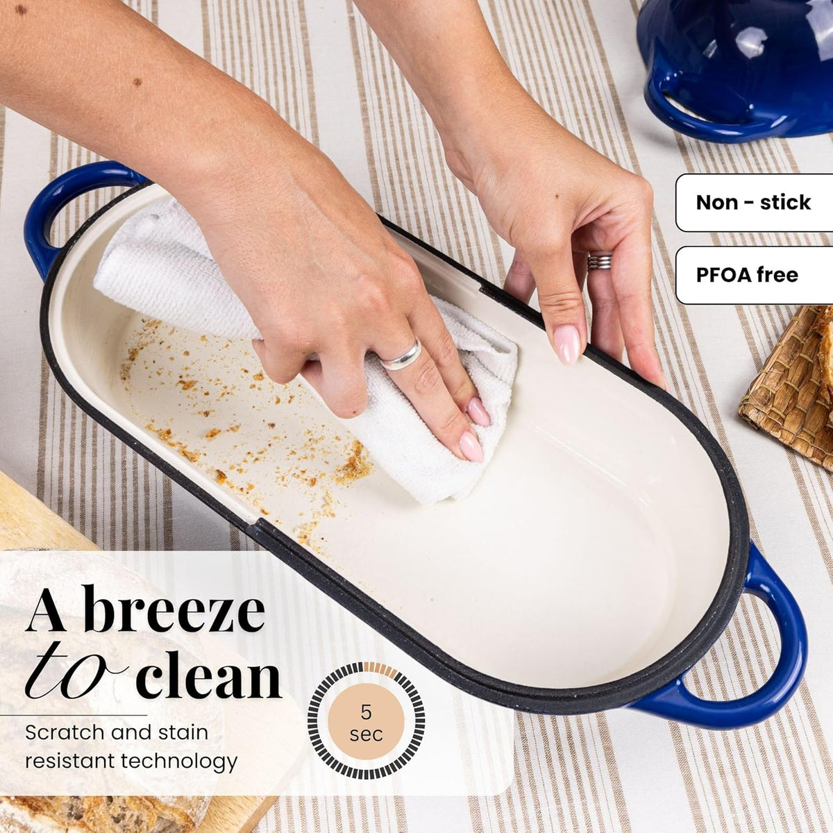 Enamelled Cast Iron Bread Loaf Pot – Dutch Oven For Sourdough Bread Baking – Oven Safe Non Stick Bread Pot – Rectangular, Dark Blue, 34cm x 16cm – by Nuovva