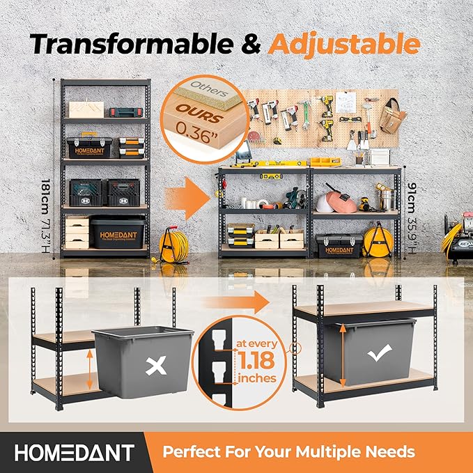 HOMEDANT 5 Tier Storage Shelves Adjustable Laminated Boltless Garage Metal Shelving Unit Heavy Duty Utility Rack Shelf Warehouse Pantry Closet Kitchen 35.9" W x 16.2" D x 71.3" H 3Pack