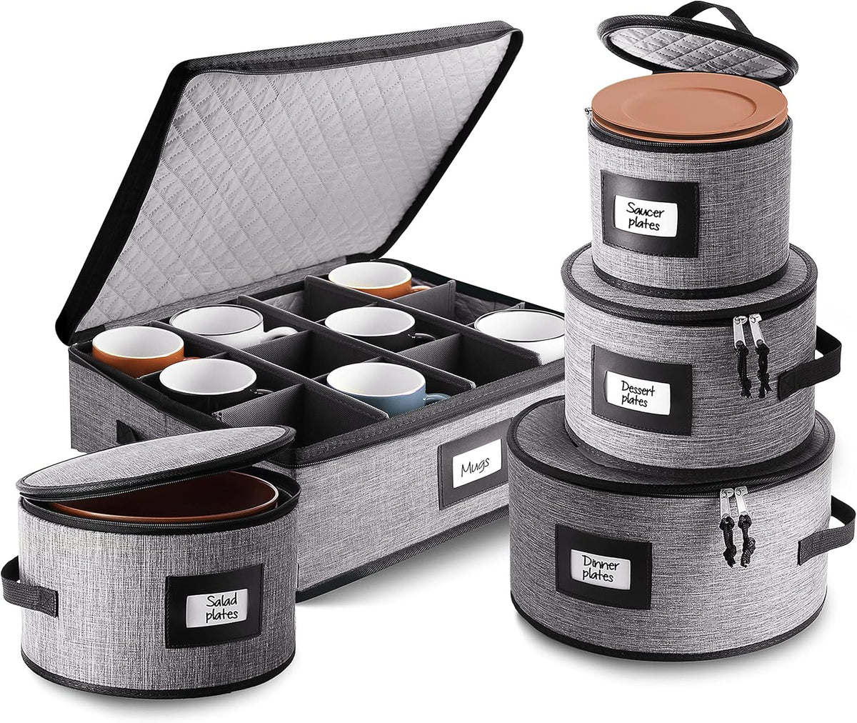 Fine China Hard Shell Dish Organizer - 5 Piece Stackable Mug and Plate Storage Containers with Dividers for Moving and Seasonal Storage, Grey