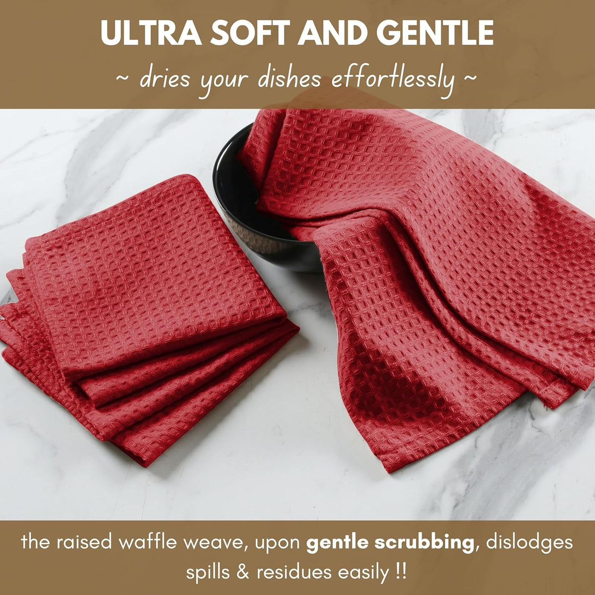 Native Fab Cotton Kitchen Towel with Hanging Loop 16x26 inches, 6-Pack, Waffle Weave Kitchen Towels for Cleaning Drying, Washcloths Soft & Absorbent Cloth Rags, Bar Towel, Dish Cloth, Red