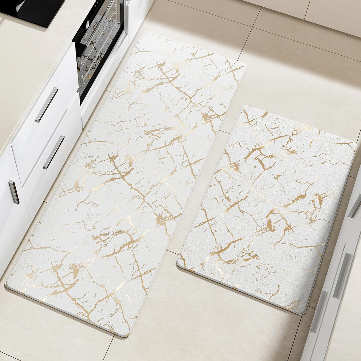 Gold Foil Stamped Marble Kitchen Mats for Floor 2PCS Cushioned Anti Fatigue Non Slip Waterproof Comfort Leather Kitchen Rugs 2/5 Inch PVC Kitchen Mats for Sink, Laundry, 17.3"x28"+17.3"x47",White