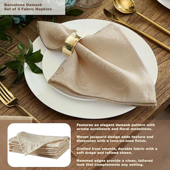 Newbridge Barcelona Luxury Damask Fabric Tablecloth, 70” Round, Golden Beige, 100% Polyester, No Iron, Soil Resistant Dining Room, Party and Banquet Table Cover