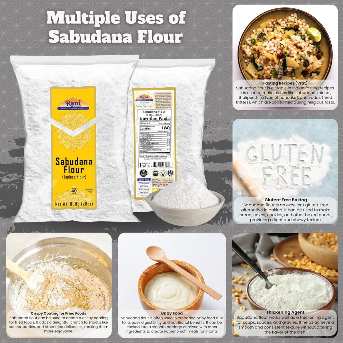 Rani Sabudana Flour (Tapioca/Sago Flour) 28oz (1.75lbs) 800g ~ All Natural | Vegan | Gluten Friendly | NON-GMO | Kosher | Indian Origin