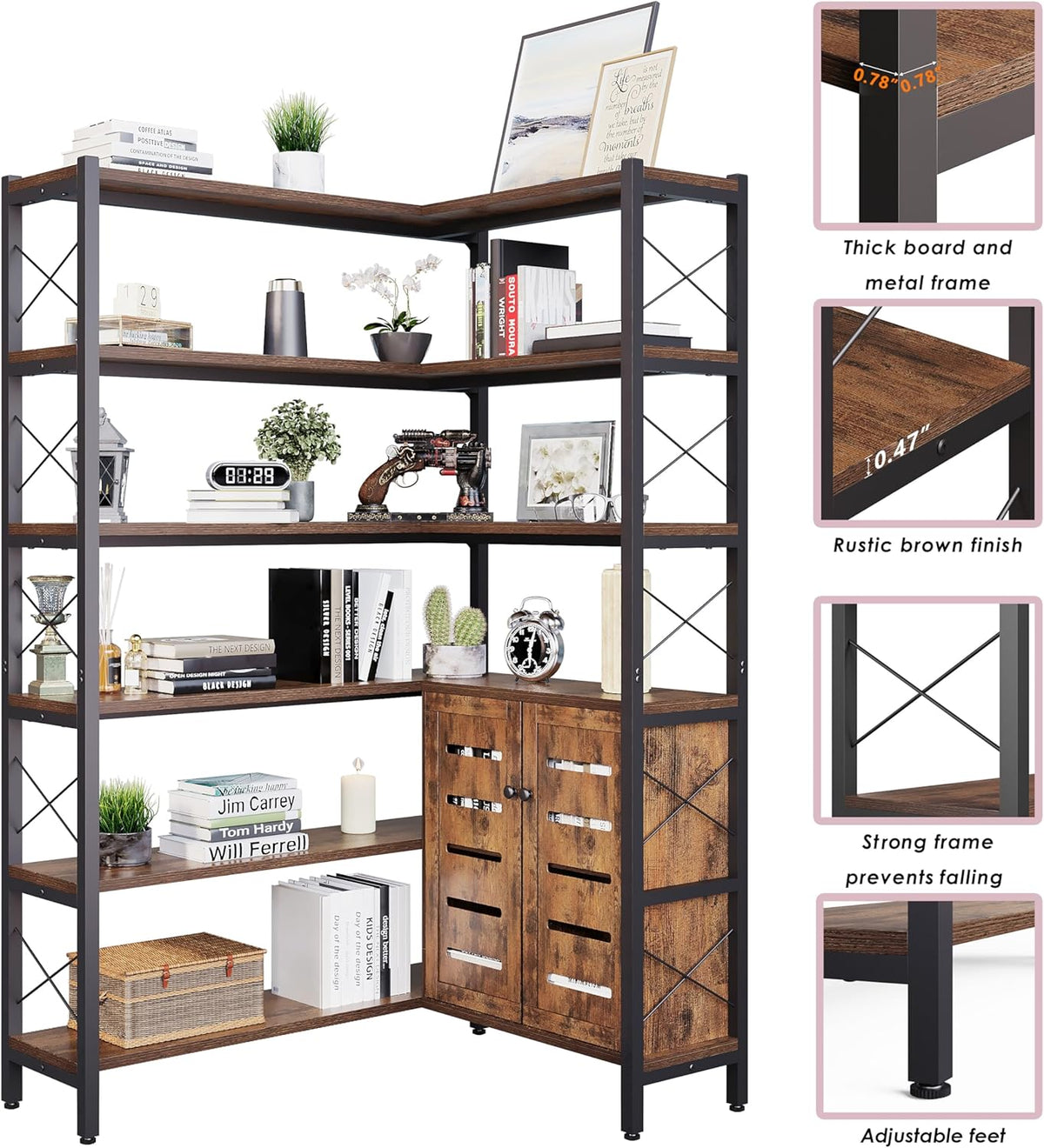 6-Shelf Corner Bookshelf, Vintage Industrial Corner Shelf Etagere Bookcase, Large Book Shelf with Metal Frame Open Storage Corner Cabinet (Brown-Lockers)