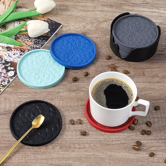 ME.FAN Silicone Coasters with Holder,[6 Pack] Drinking Coasters - Cup Mat for Hot or Cold Drinks, Thickened, Non-Slip, Non-stick,Deep Tray Wine Red