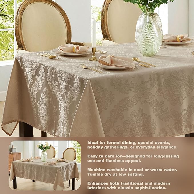Newbridge Barcelona Luxury Damask Fabric Tablecloth, 60” Wide x 144” Rectangle, Golden Beige, 100% Polyester, No Iron, Soil Resistant Dining Room, Party and Banquet Table Cover