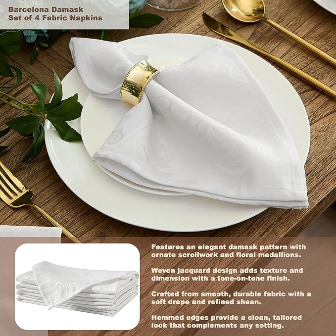 Newbridge Barcelona Luxury Damask Fabric Napkins, Set of 4 Square Napkins, White, 100% Polyester, No Iron, Soil Resistant Dining Room, Party and Banquet Napkins