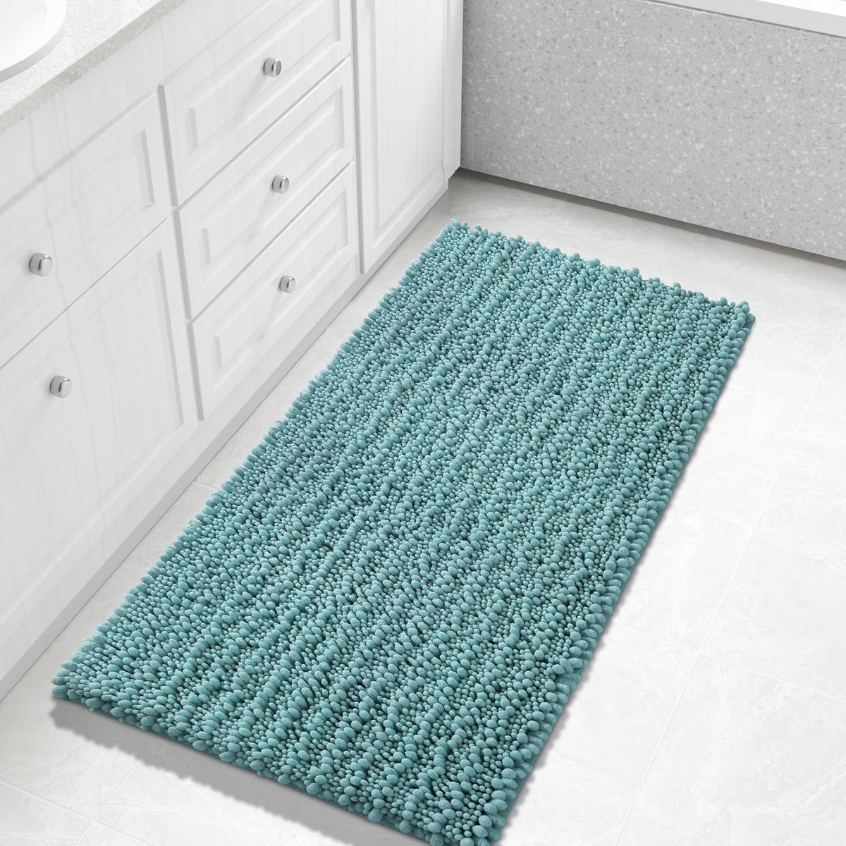 Yimobra Long Bathroom Rugs Non Slip Washable 44x24 Inch - Ultra Soft Absorbent Chenille Bath Mat, Quick Dry Shaggy Floor Carpet for Tub Shower, Teal Blue Home Decor Accessories