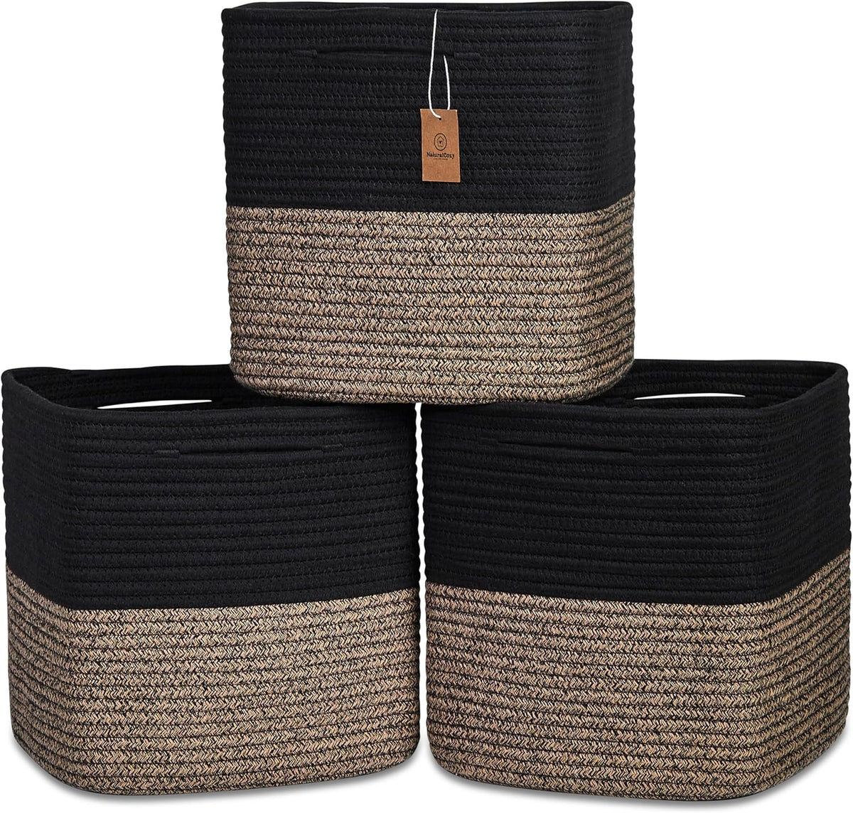 NaturalCozy 13 Inch Cube Storage Bins Cotton Rope Woven Baskets for Organizing 3-Pack | 13 x 13 Storage Cubes | Fabric Square Storage Baskets for Shelves Organizer, Kids Toy Bins, Closet Baby Nursery