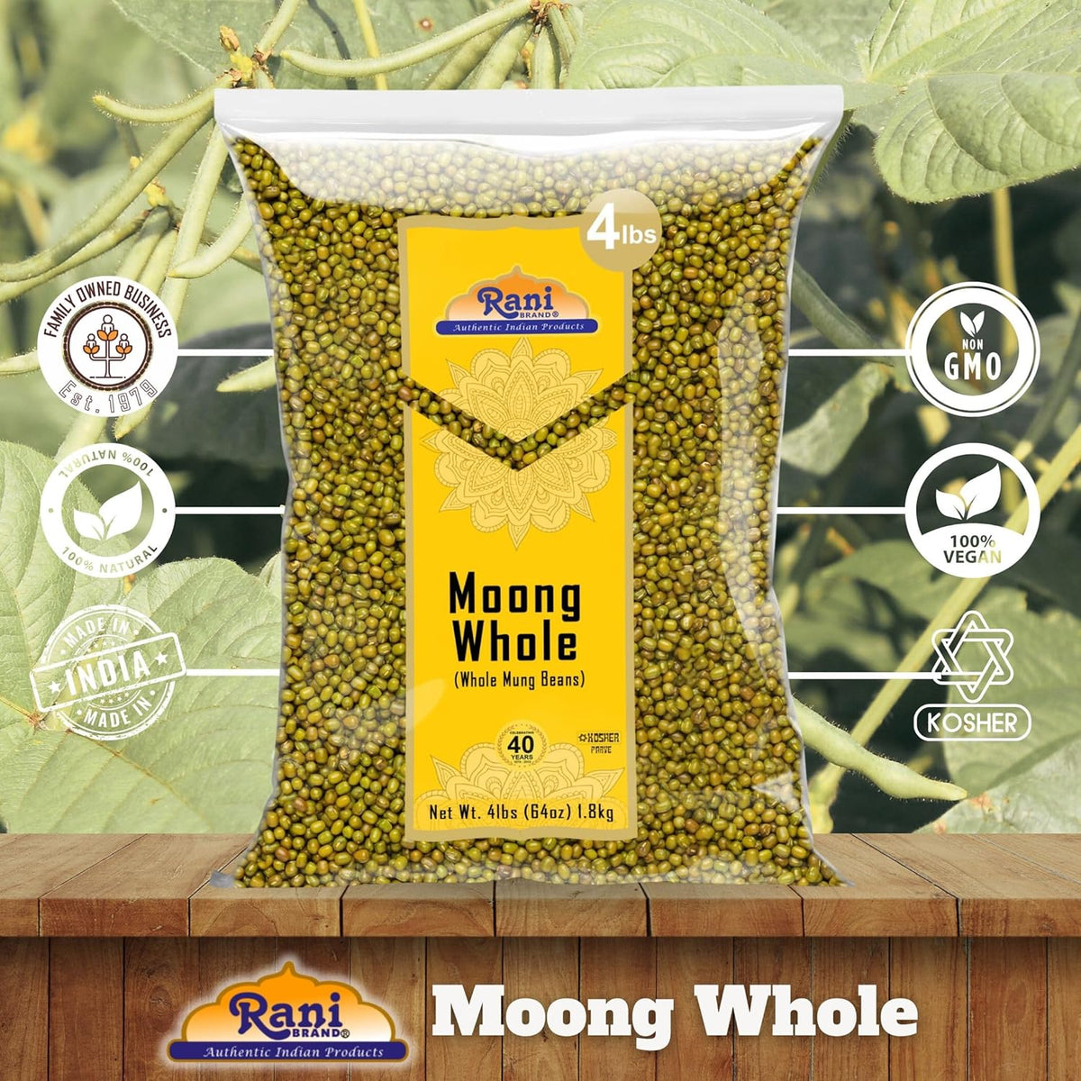 Rani Moong Whole (Ideal for cooking & sprouting, Whole Mung Beans with skin) Lentils Indian 64oz (4lbs) 1.81kg Bulk ~ All Natural | Gluten Friendly | Non-GMO | Kosher | Vegan | Indian Origin