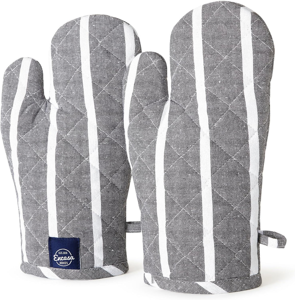 Encasa XO Long 12"x7" Oven Microwave Hand Gloves Mitts (2 pc Set) for Kitchen Cooking & Baking - Heat Resistant, Thick & Safe, Protection of Hands from Hot Utensils - Roma Grey Stripes