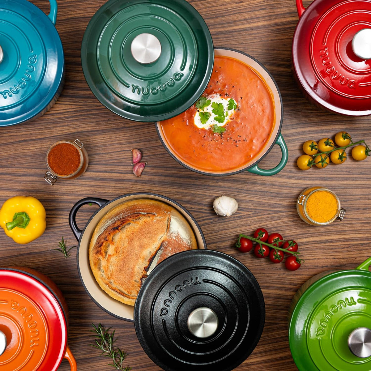 Cast Iron Dutch Oven with Lid – Non-Stick Ovenproof Enamelled Casserole Pot – Sturdy Dutch Oven Cookware – Dark Green, 7.3-Quart, 30cm – by Nuovva