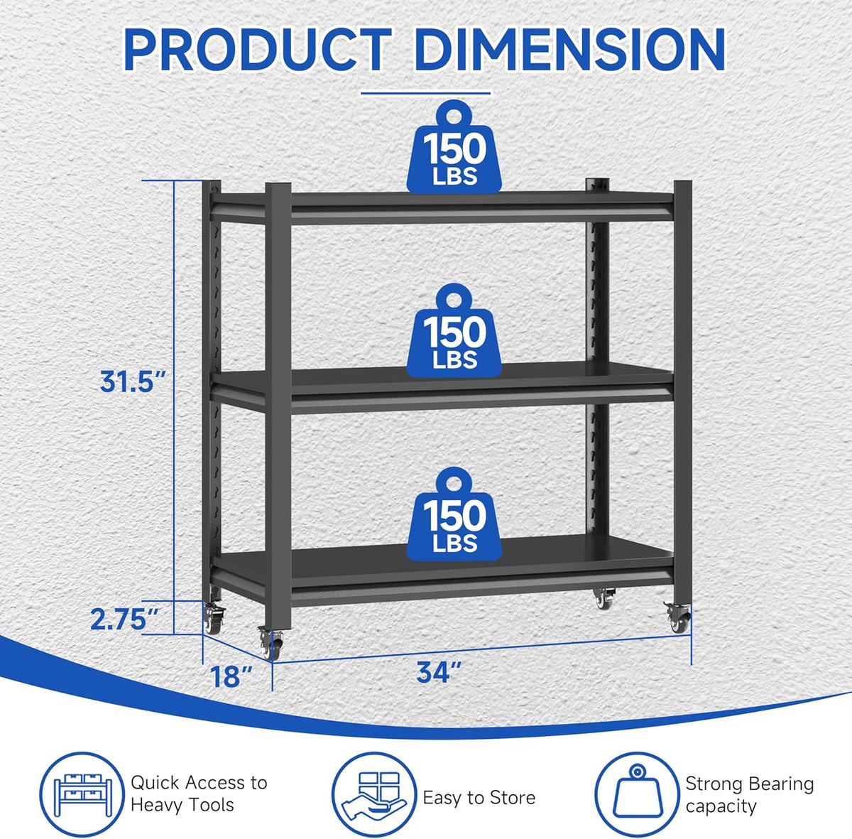 3 Tier Adjustable Garage Storage Shelving,Heavy Duty Utility Rack Shelf Unit on 4 Wheel Casters,Standing shelves for Garage, Home, Pantry,Kitchen,Warehouse,Bathroom & Laundry,Storage Rack - Black