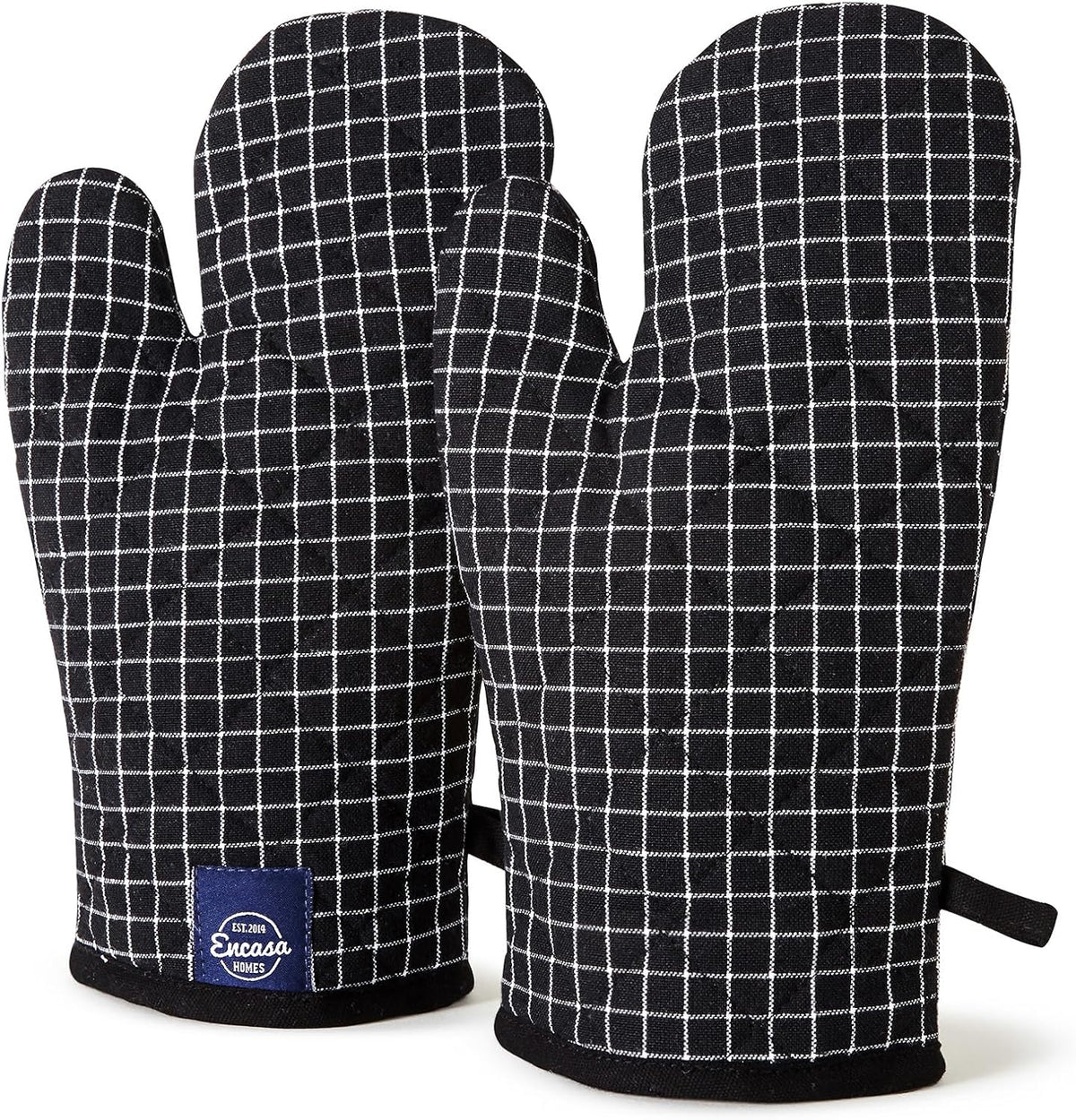 Encasa XO Long 12"x7" Oven Microwave Hand Gloves Mitts (2 pc Set) for Kitchen Cooking & Baking - Heat Resistant, Thick & Safe, Protection of Hands from Hot Utensils - Butcher Checks Black