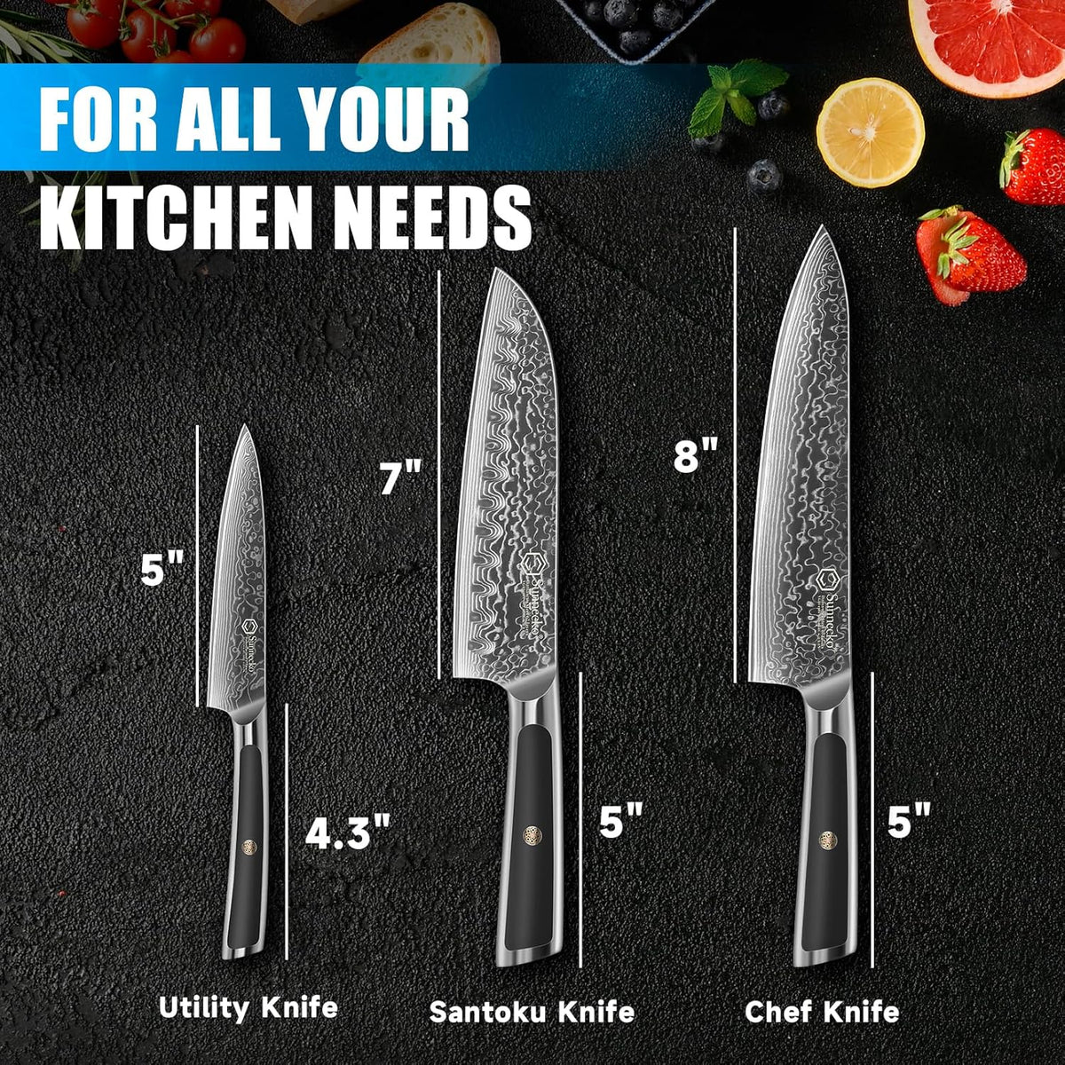 Sunnecko Kitchen Knife Set 3 Piece Chef Knife Set Professonal, Damascus Steel Kitchen Knives Sharp, Gift Box