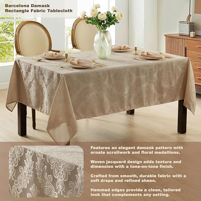 Newbridge Barcelona Luxury Damask Fabric Tablecloth, 60” Wide x 144” Rectangle, Golden Beige, 100% Polyester, No Iron, Soil Resistant Dining Room, Party and Banquet Table Cover