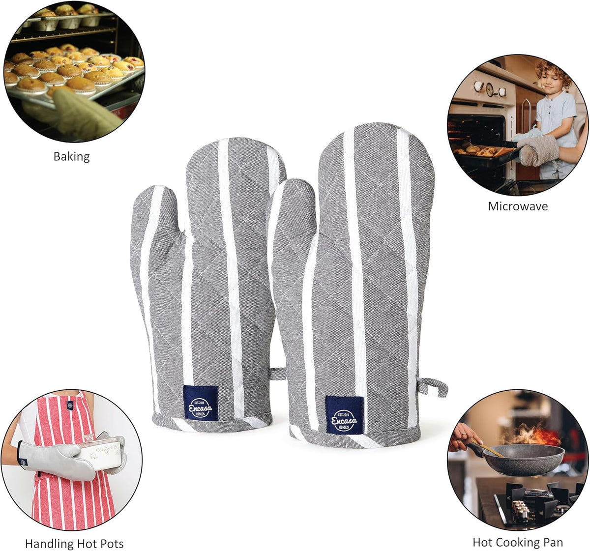 Encasa XO Long 12"x7" Oven Microwave Hand Gloves Mitts (2 pc Set) for Kitchen Cooking & Baking - Heat Resistant, Thick & Safe, Protection of Hands from Hot Utensils - Roma Grey Stripes