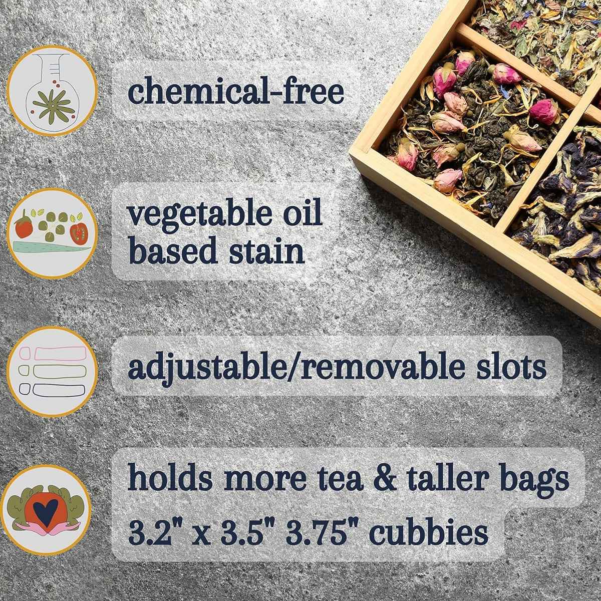 Bamboo Tea Organizer Box Chemical Free Eco-Friendly Big, Tall, Adjustable Cubbies Natural Wooden Storage Chest (4-Slot Square 7.4" x 8.1" x 4.2")