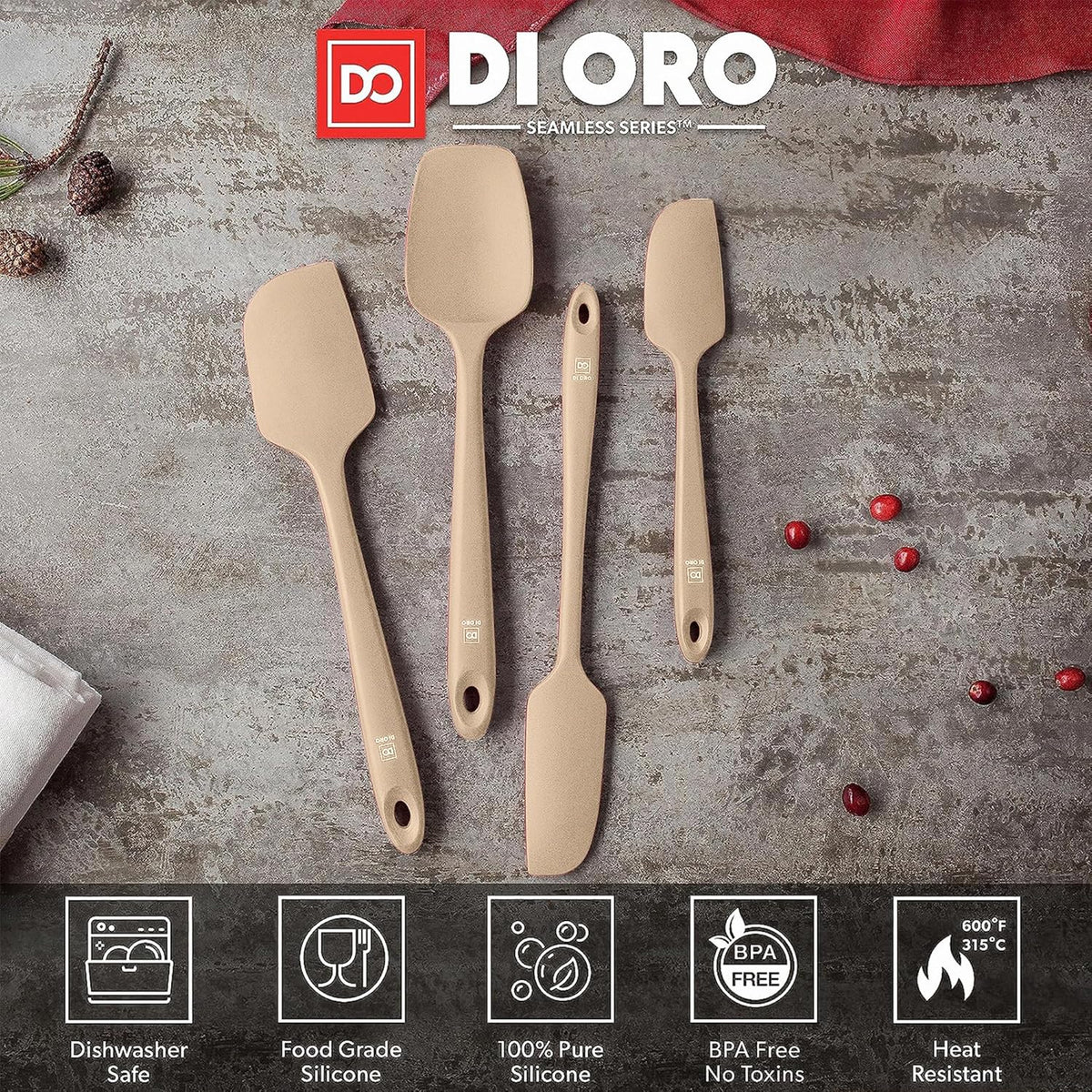 DI ORO Silicone Spatula Set - Rubber Kitchen Spatulas for Baking, Cooking, & Mixing - 600°F Heat-Resistant & BPA Free Silicone Scraper Spatulas for Nonstick Cookware - Dishwasher Safe (4pc, Clay)